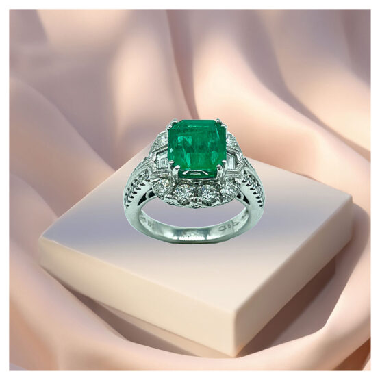 Art-Deco-Inspired Ladies Emerald and Diamond Ring
