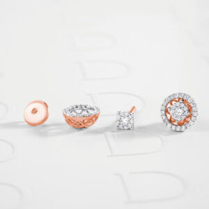 Diamond jewelry set with rose gold and white gold accents.